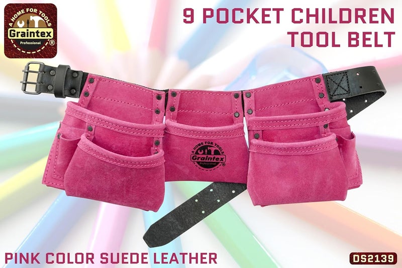 Graintex DS2139 :: 9 Pocket Children Tool Belt Pink Color Suede Leather, Kids Real Tool Belt, Boys and Girls Tool Apron for Home Improvement, 1.1/2" Leather Belt, Hammer Loops - Image 2
